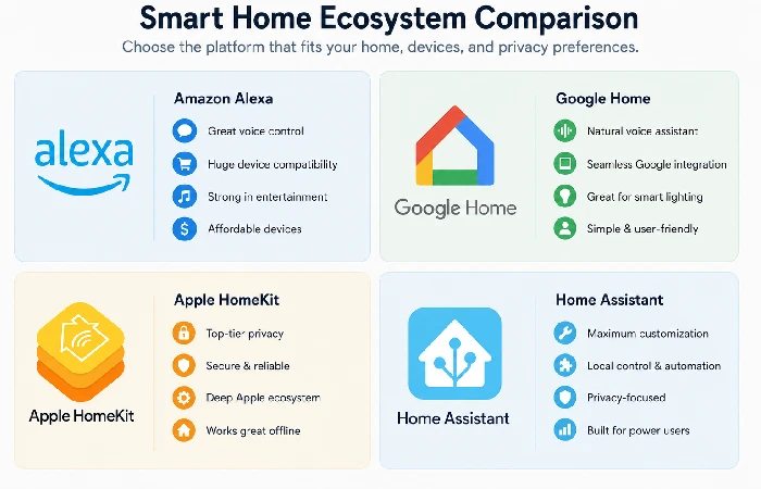 Smart home ecosystem comparison showing Alexa, Google Home, Apple HomeKit, and Home Assistant