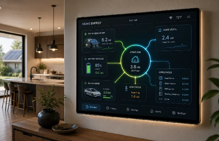 Future smart home energy management dashboard connecting solar, EV, and appliances