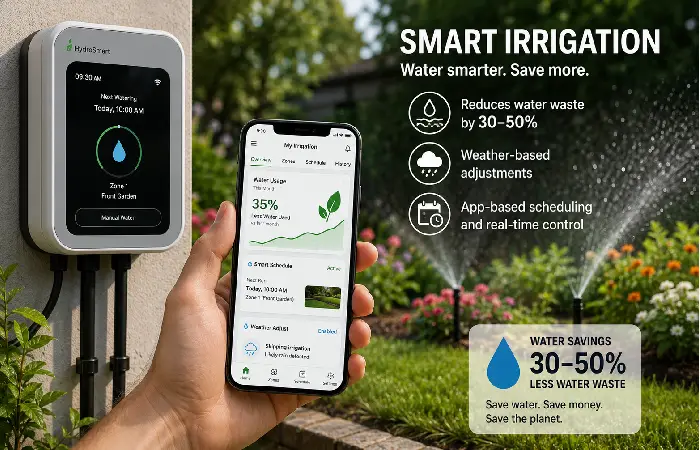 Smart irrigation controller reducing water waste by 30–50% with app-based scheduling