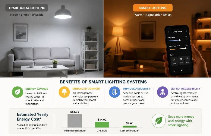 Comparison of traditional lighting and smart lighting benefits