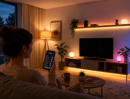 Person controlling smart lighting gadgets in a modern connected living room