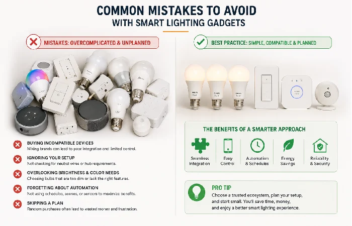 Example of cluttered smart lighting gadgets contrasted with a simple planned setup