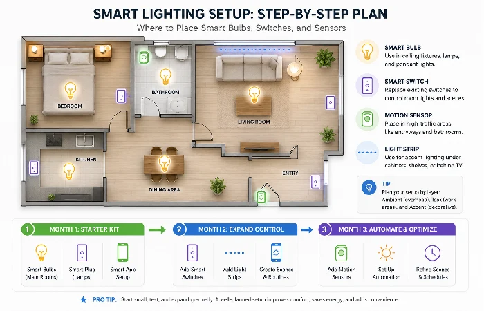 Floor plan with smart lighting gadgets placed in different rooms