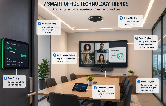 Smart meeting room setup with IoT office devices — auto-framing camera, ceiling mic array, booking panel, and ambient lighting controls