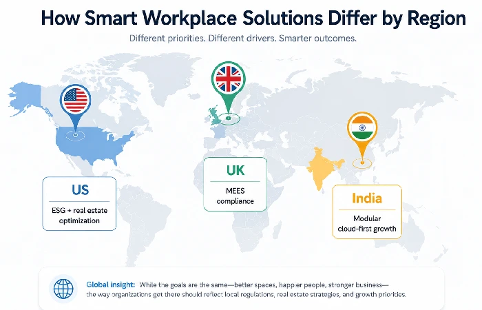 Smart office technology adoption differences by region — US focuses on ESG reporting, UK on energy compliance, India on modular cloud solutions