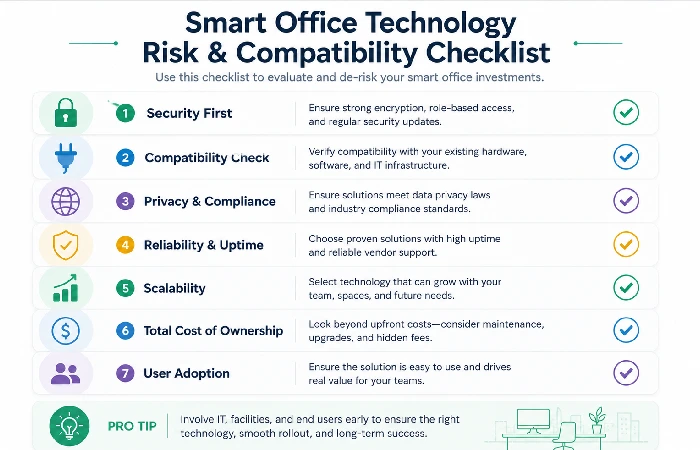 Smart office technology compatibility checklist covering legacy systems, data ownership, vendor lock-in, privacy compliance, IT burden, scalability, and employee adoption
