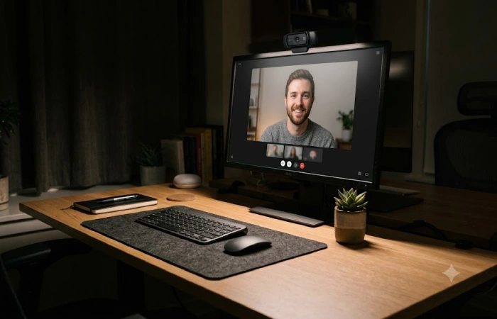 AI webcam auto-framing a person during a video call at a home office
