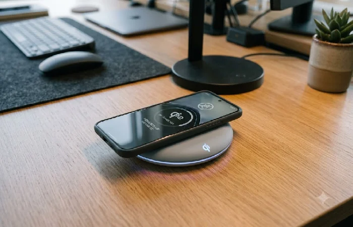 Phone charging on a wireless charging desk pad doubling as a mousepad