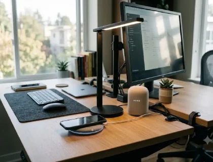 Smart office gadgets on a tidy desk: wireless charging pad, smart desk lamp, and voice assistant