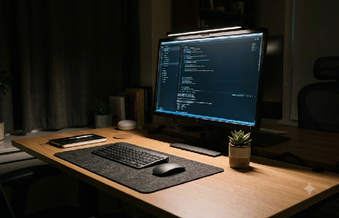 Monitor-mounted screen light bar lighting a desk without screen glare