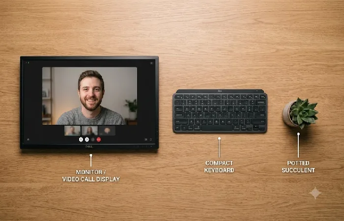 Three-gadget smart office starter setup: charging pad, smart lamp, voice assistant