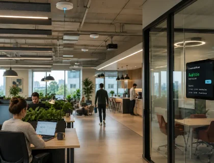 "Smart office technology in action — IoT sensors, digital booking panel, and automated lighting in a modern workplace"
