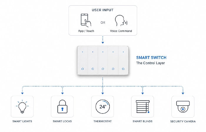 Diagram showing smart switch as central control layer connecting user input to home devices