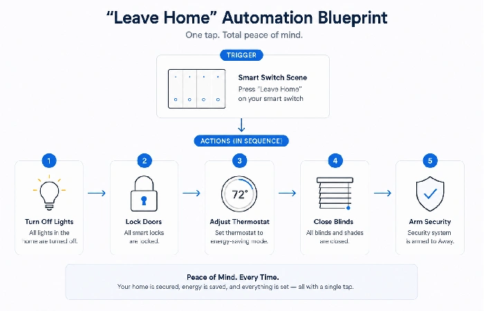 Flowchart of leave home automation blueprint triggered by smart switch scene