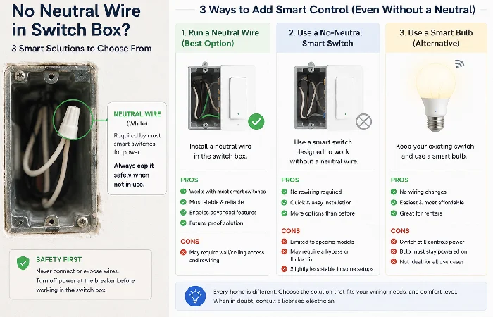 Infographic showing three options for smart switch installation without a neutral wire