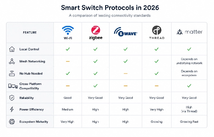 Comparison chart of smart home protocols including Matter Thread Zigbee Z-Wave and Wi-Fi