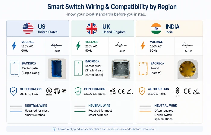 Infographic comparing smart switch wiring requirements for US UK and India markets