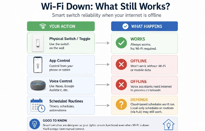 Infographic showing which smart switch features work when Wi-Fi is offline