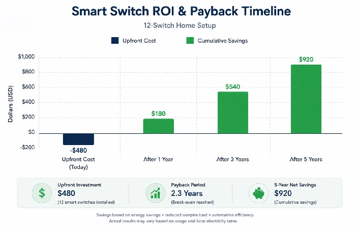 Bar chart showing smart switch ROI and payback timeline over five years