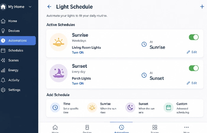 Smart switch scheduling interface showing automated sunrise and sunset lighting rules