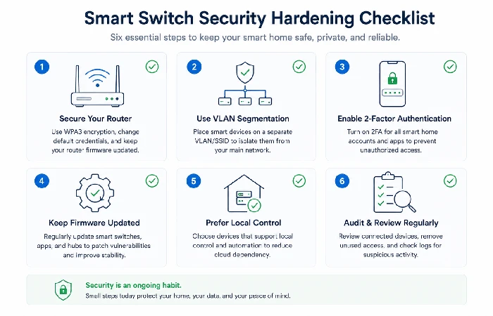 Visual checklist of six steps to secure your smart switch home network