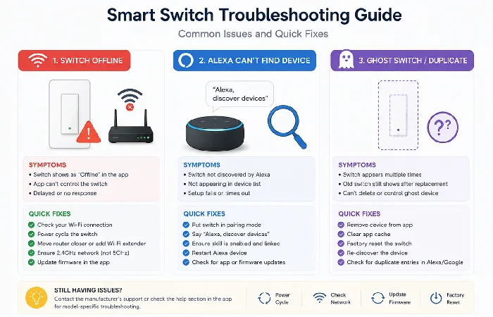 Troubleshooting guide for common Alexa and Google Home smart switch problems