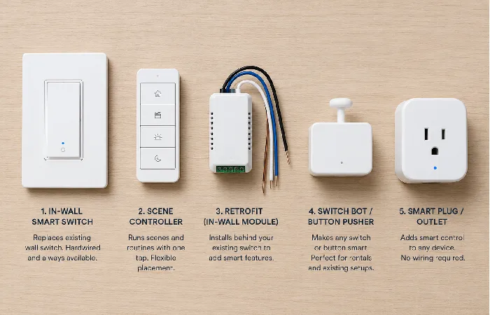 Five types of smart switches shown side by side including in-wall wireless retrofit bot and plug