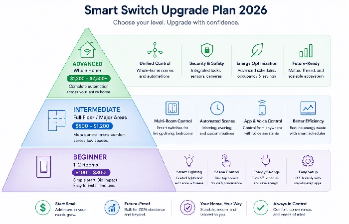 Three tier upgrade pyramid for smart switch home automation from beginner to advanced