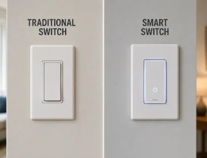 Side-by-side comparison of a smart switch and a traditional wall switch in a modern home