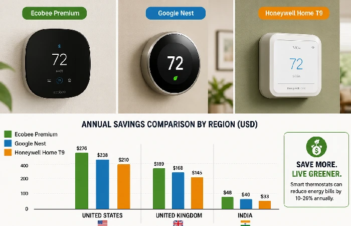 Smart thermostat comparison showing Ecobee Premium, Google Nest, and Honeywell Home T9