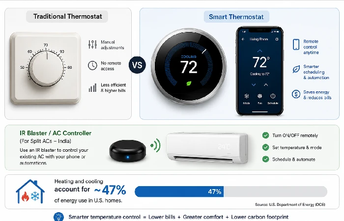 Smart thermostat and IR AC controller showing energy saving automation for US UK and India homes