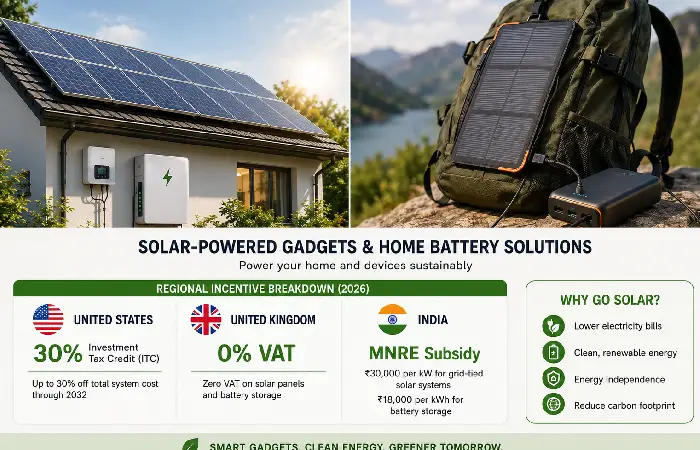 Solar powered home gadgets including rooftop panels and portable solar charger with battery storage