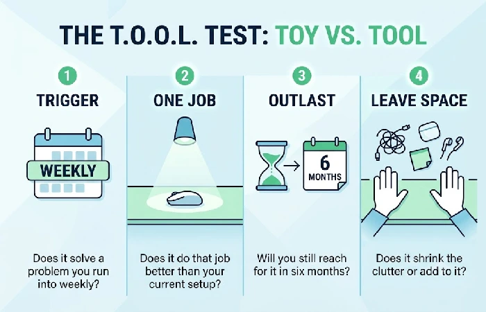 An infographic illustrating the four steps of the T.O.O.L. test: Trigger, One job, Outlast, Leave space. 
