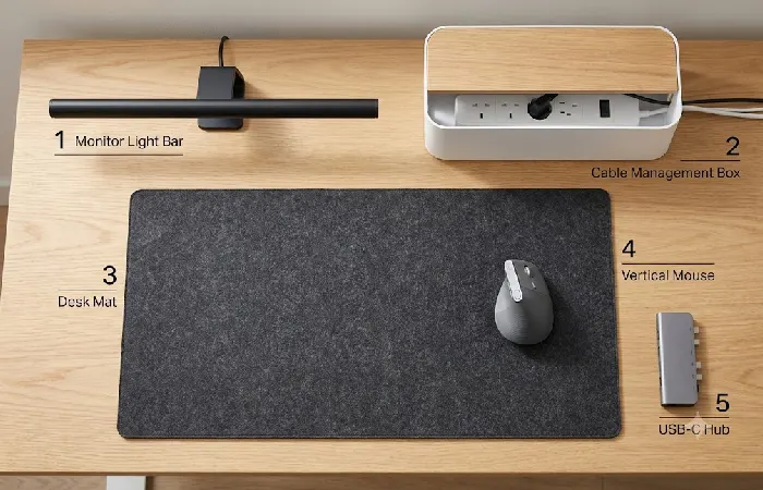 Top 5 priority desk accessories: monitor light bar, cable box, desk mat, vertical mouse, USB-C hub arranged on a desk