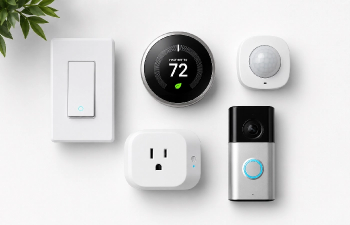 op five smart gadget categories flat lay including switch, thermostat, sensor, plug, and doorbell