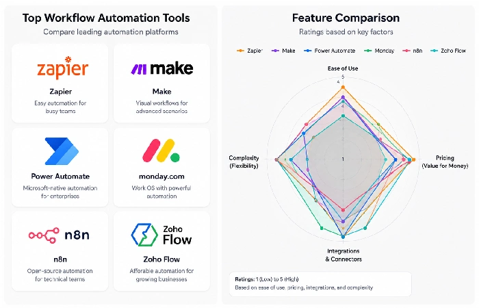 Top workflow automation tools compared — Zapier, Make, Power Automate, Monday.com 2026