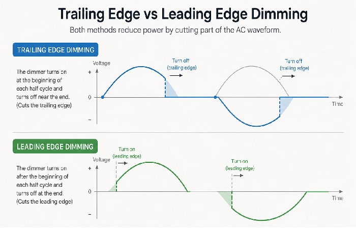 Diagram comparing trailing edge and leading edge dimming waveforms