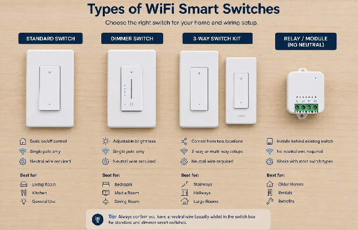 Different WiFi smart switch types including dimmers, 3‑way kits, and compact relay modules.