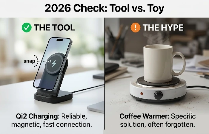 A comparison showing a Qi2 magnetic wireless charger (labeled "TOOL") next to a desktop coffee warmer (labeled "TOY"). 