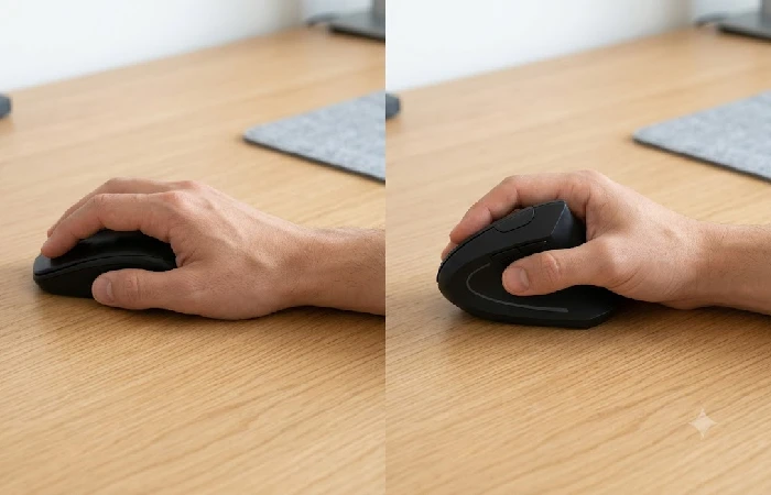 Logitech Lift vertical ergonomic mouse next to a standard flat mouse, showing hand position difference