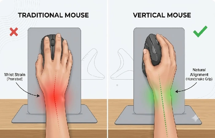 Comparison diagram showing hand and forearm positioning between a traditional flat mouse and a vertical ergonomic mouse. 