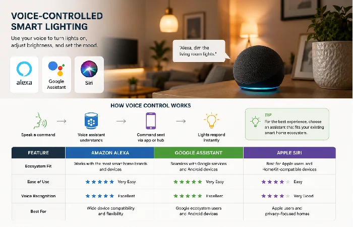 Smart speaker controlling home lighting with different voice assistants