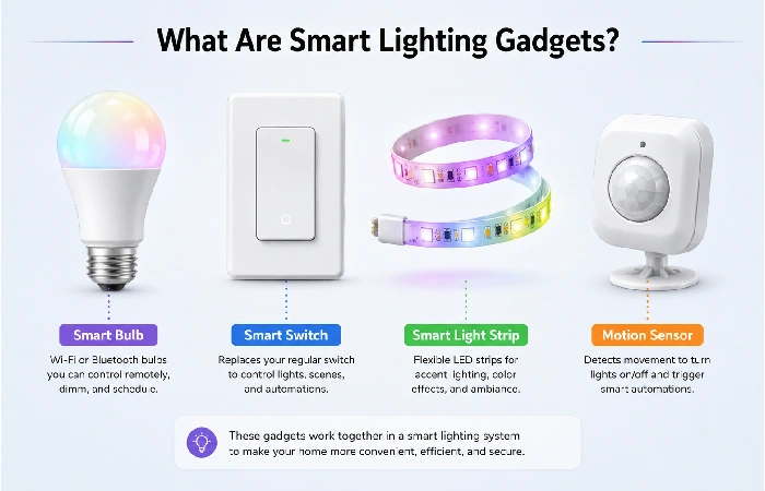 Diagram of different smart lighting gadgets including bulb, switch, strip, and sensor