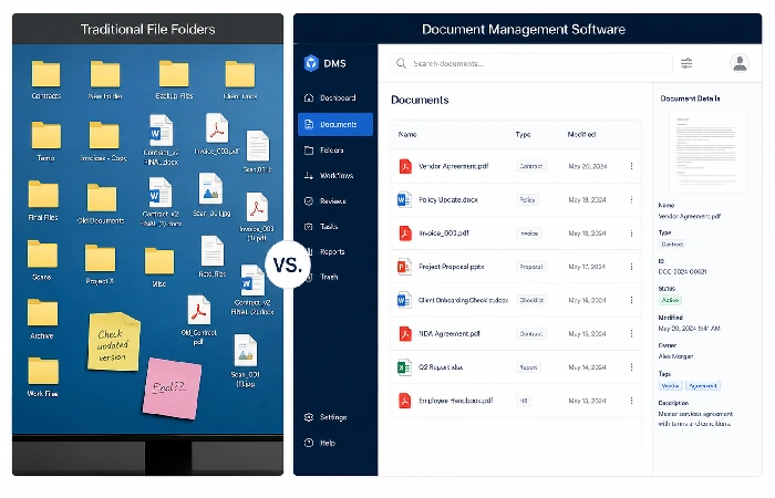 Comparison of traditional file folders and modern document management software interface