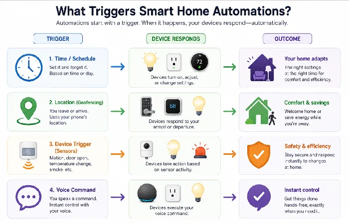 Diagram showing four common smart home automation triggers including time, location, sensors, and voice commands