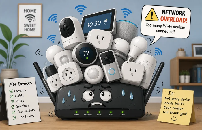 Illustration of a home router overloaded with too many Wi-Fi smart devices