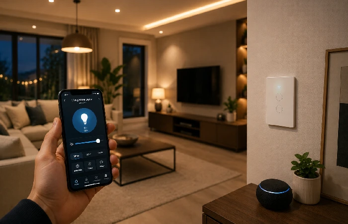 Person controlling living room lights from a phone using a WiFi smart switch app.