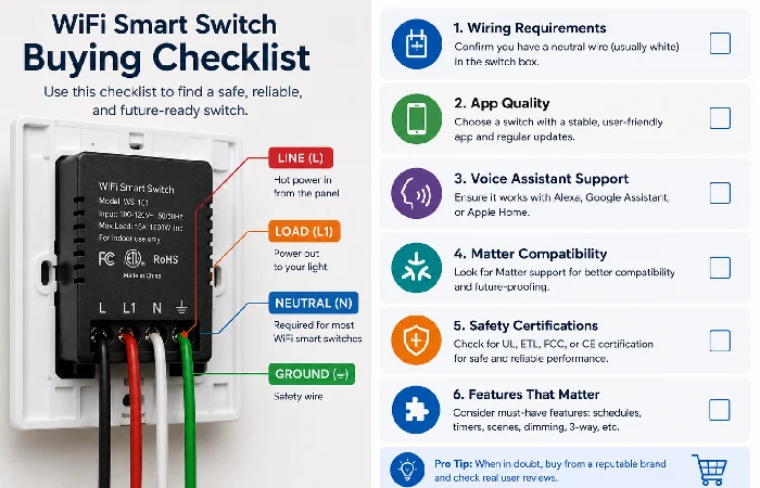 Back of a WiFi smart switch with labeled wiring terminals and a simple buying checklist.