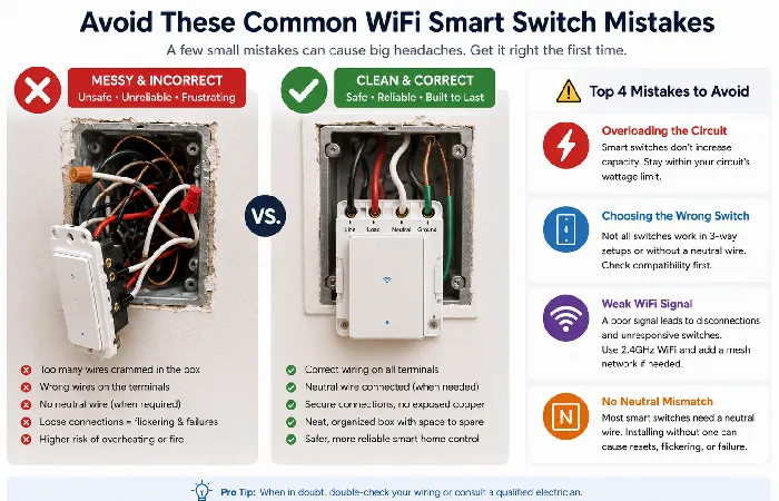 Comparison of messy, incorrect smart switch wiring and a neat, correct installation.