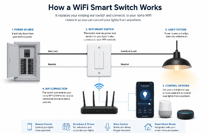 Diagram showing how a WiFi smart switch connects to power, lights, and a home router.